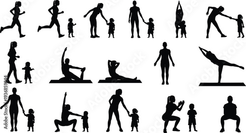 Set of young girl silhouettes engaged in gardening and outdoor play including watering plants raking leaves and holding a balloon