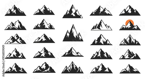 Large set of simple black mountain peak icons representing various styles and shapes for nature, adventure, and outdoor travel designs.