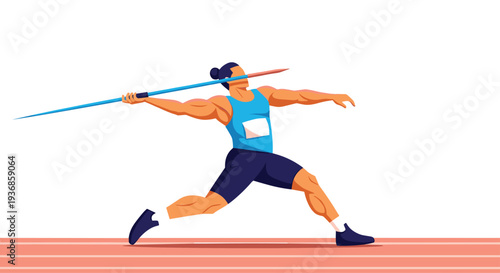 Male athlete in action throwing a javelin during track and field competition on stadium background with white sky.