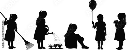 Set of young girl silhouettes engaged in gardening with rake and watering can plus playing with balloon and holding flowers
