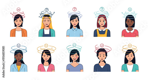 Set of female characters expressing various emotions and mental states from confusion to happiness with symbolic circles.