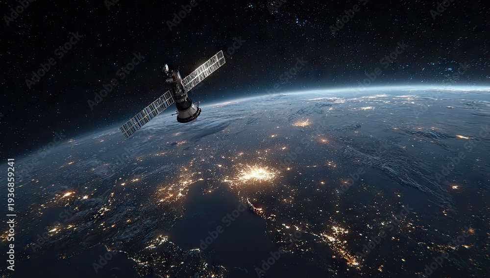 Fototapeta premium Satellite orbits Earth, showcasing city lights over a dark sea of space