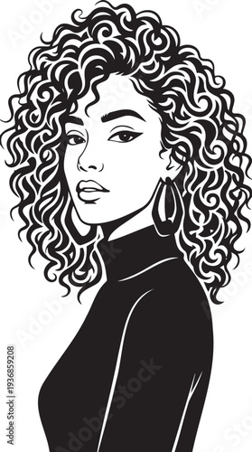 African American woman with voluminous curly hair portrait in black top confident pose isolated on white background