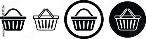 Four variations of a shopping basket icon in different styles and sizes