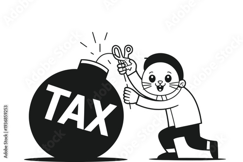 Man cutting fuse on tax bomb, symbolizing relief from financial burden