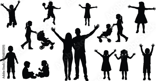 Silhouette Collection of Happy Family with Children Playing Jumping and Walking with Stroller for Parenting and Childhood Development Theme