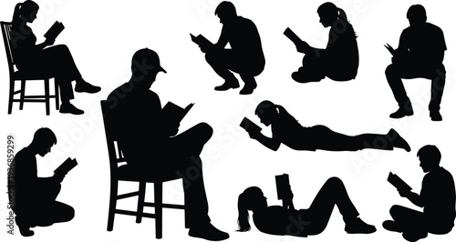 Silhouette Collection of Men and Women Reading Books in Various Poses Including Sitting Standing and Reclining for Education and Literacy Theme
