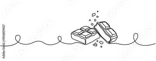 Broken chocolate pieces scattered on surface in single line drawing. none editable strokes