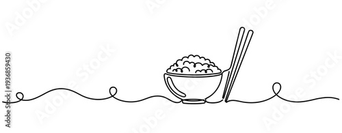 Bowl of rice with chopsticks drawn in continuous line scene. none editable strokes