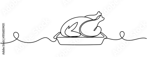 Roast chicken resting served on platter in minimal line art. none editable strokes