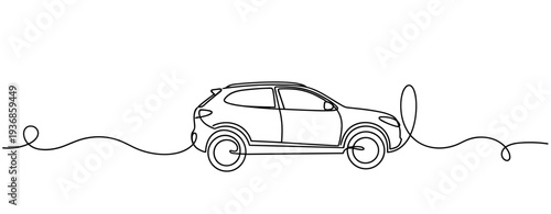 Compact car driving along continuous line minimal illustration. none editable strokes