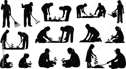 Silhouette Collection of People Gardening and Planting Including Men Women and Children Working in Nature for Environmental Service and Yard Design