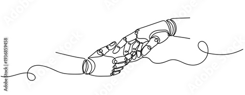 Robot hand grasping human hand over continuous abstract line. none editable strokes