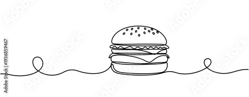 Burger displayed as continuous line drawing on white background. none editable strokes