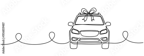 Car decorated with bow on wavy continuous line backdrop illustration. none editable strokes