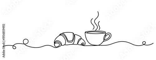 Croissant and coffee cup steaming on continuous line illustration. none editable strokes