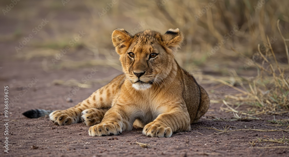 Obraz premium Adorable wild lion cub resting peacefully on the dusty ground of the savanna, displaying innocence and vulnerability in the wilderness environment ,looking ,mammal ,animal