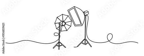 Studio lights depicted in continuous line on white background. none editable strokes