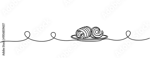Two croissants resting on plate with continuous line design. none editable strokes