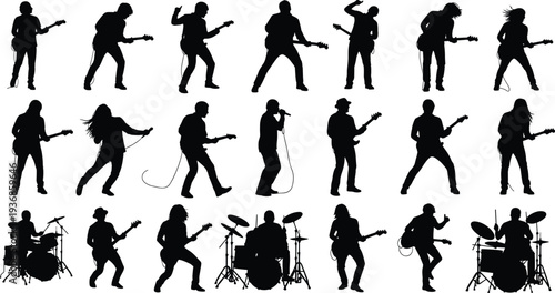 Silhouette Collection of Rock Band Musicians Including Guitarists Bassists Drummers and Singers Performing Live Concert on Stage for Music Event Design