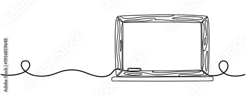 Open laptop sitting on continuous single line illustration. none editable strokes