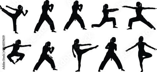 female, martial, arts, silhouette, karate, taekwondo, fighter, training, combat, sport, fitness, strength, poses, action, black, white, vector, illustration, isolated, background