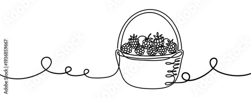 Basket filled with berries on continuous line white background. none editable strokes