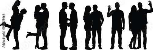 Silhouette Collection of Romantic Couples Kissing Hugging and Holding Hands Including Men Greeting and Waving for Social Interaction and Relationship Theme