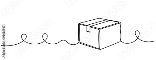 Cardboard box resting on continuous line over white background. none editable strokes