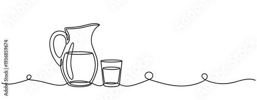 Glass pitcher and tumbler continuous line drawing on white background. none editable strokes
