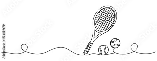 Tennis racket leaning beside balls on white background. none editable strokes
