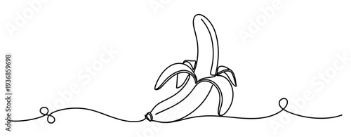 Banana partially peeled and resting on continuous line background. none editable strokes