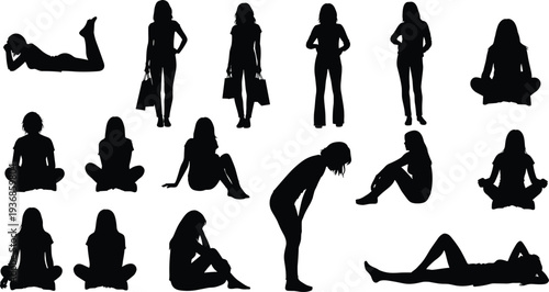 Silhouette Collection of Women in Various Casual Poses Including Shopping Sitting Meditating and Relaxing for Lifestyle Fashion and Beauty Design Projects