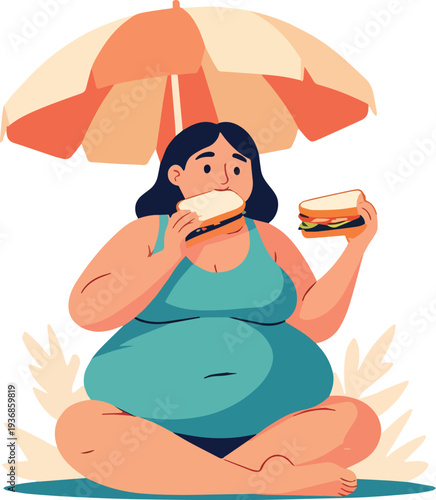 donna seduta in spiaggia che mangia cibo in costume da bagno vettoriale 