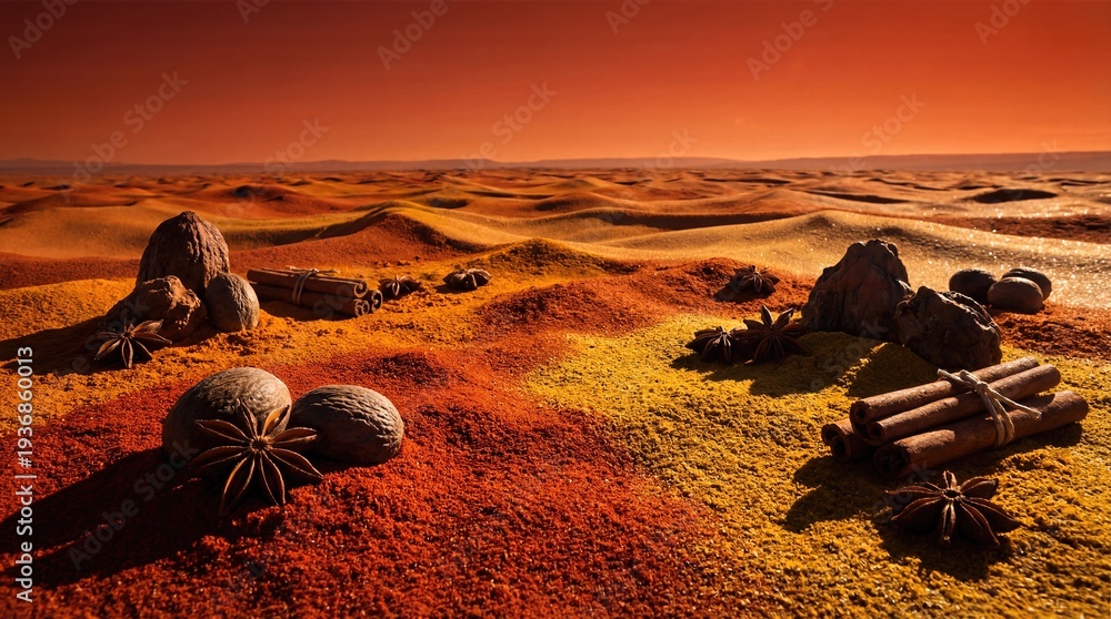 Obraz premium Spice landscape with nutmeg, cinnamon stick, and star anise on red and yellow powder. Food ingredient art concept for cooking.