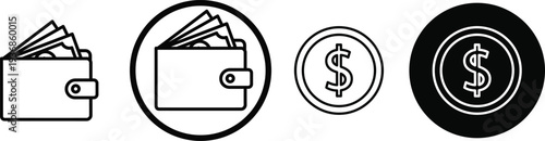 Financial icons including wallet and dollar coin graphics