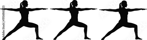 Silhouette of a woman practicing yoga warrior pose for health and wellness, concept for fitness, physical balance, flexibility and mental mindfulness.