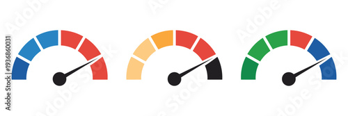 Speedometer color icon set with low, medium, and high meter symbols, ideal for performance tracking