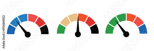 Speedometer color icon set, featuring low, medium, and high speedometer signs, representing performance
