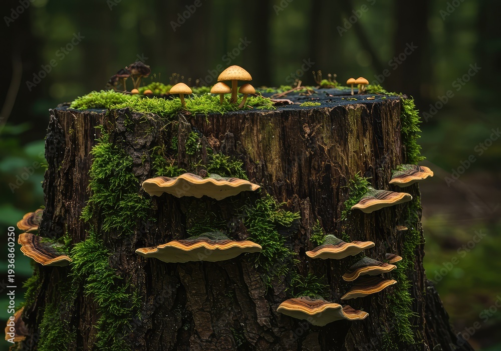 Fototapeta premium Close view of a rotting wooden tree stump overtaken by colorful mushrooms and dense moss, illustrating forest decomposition ,woodland ,circle ,decomposition