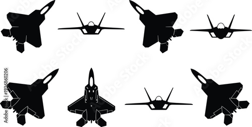 fighter jet silhouette set, modern military aircraft collection, stealth combat airplane views, air force jet vector, isolated black silhouettes