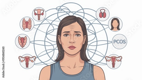 Medical infographic illustration of PCOS, female reproductive health concept with organs icons and tangled hormone network