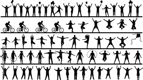 Silhouette of diverse people jumping for joy, riding bicycles, practicing yoga and playing with balloons, collection of active human lifestyle figures.