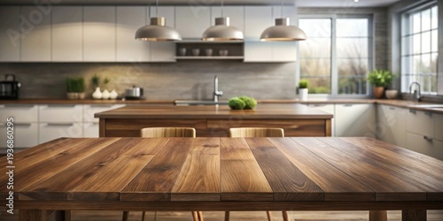 A warm and inviting contemporary kitchen with a focus on natural wood textures and ample natural light shining through large windows