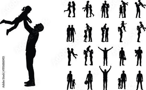 Silhouette of father lifting daughter in air and collection of diverse parent child poses, happy family bonding and childhood development concept.