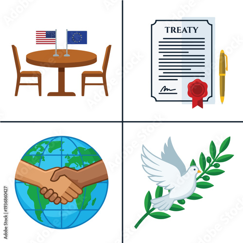 Global Diplomacy Peace Treaty and Negotiation Meeting Icon Set