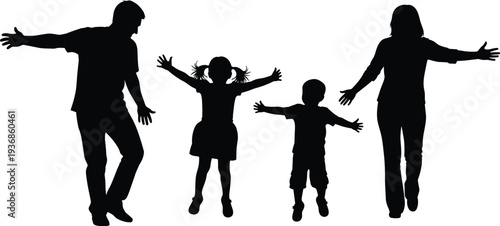 Silhouette of happy family jumping with arms outstretched, parents and children celebrating together, concept for joy, freedom and healthy active lifestyle.