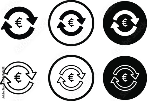 Six variations of euro currency recycling icons in black and white
