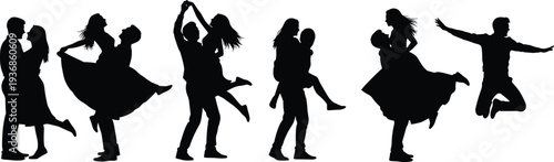 Silhouette of romantic couples hugging and dancing together, man jumping for joy and lifestyle relationship figures for love and wedding design.