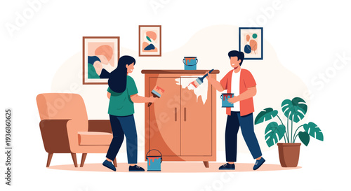 Happy young couple collaborating to paint a wooden cabinet white in their living room with art on the walls and plants.